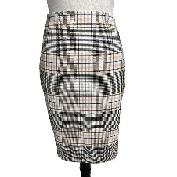 Express Skirt sz 4 Pink Blue Black Plaid Hounds Tooth Pencil Knee Career Casual - Picture 1 of 8